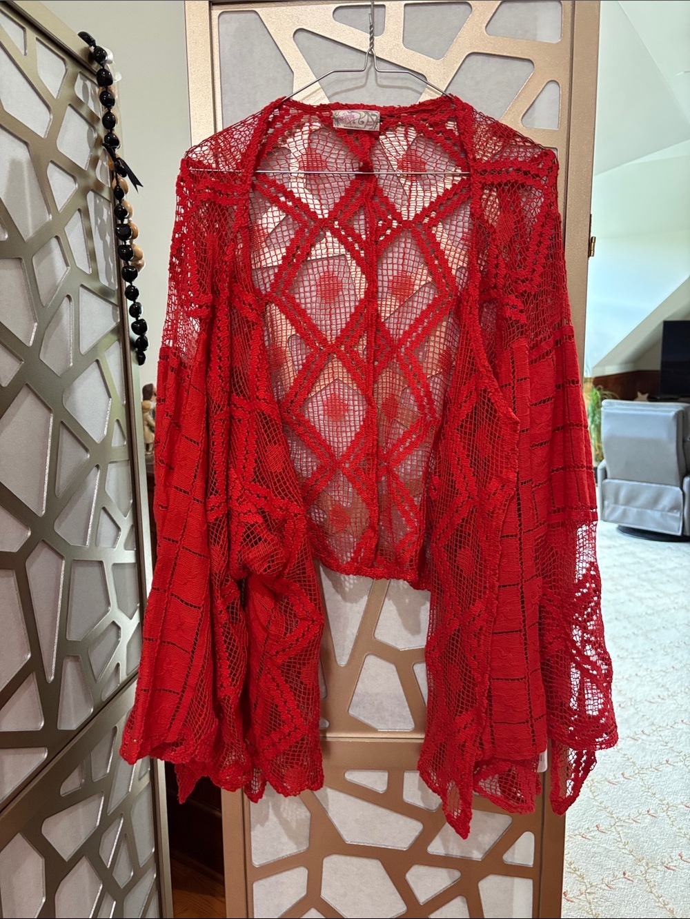 Free People Red Crochet Open-Front Shrug